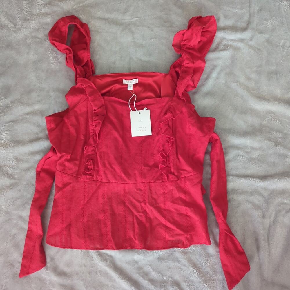 NWT LC Lauren Conrad Ruffle Sleeve Tie Back Tank Top Red Women's XXL 100% Cotton